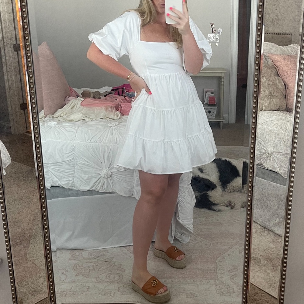 White puff sleeve mini dress